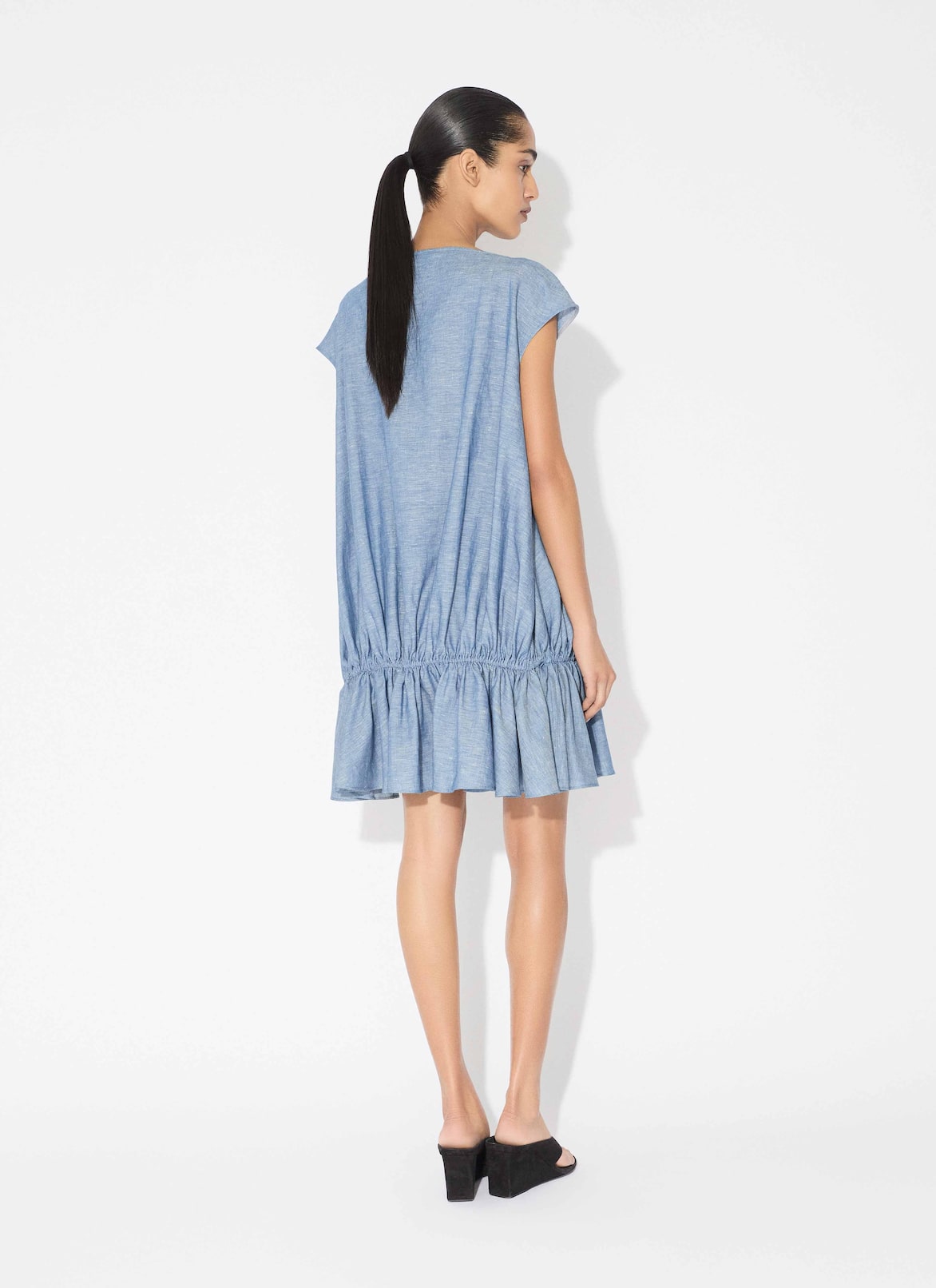 CHAMBRAY RUCHED DRESS ALAÏA BLUE JEANS CHAMBRAY RUCHED DRESS